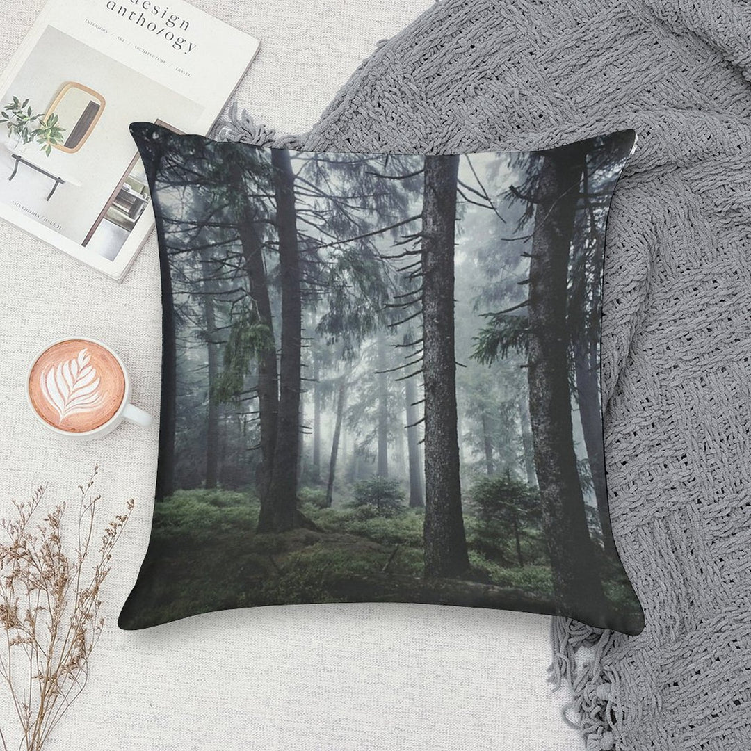 Path Vibes  Wild Romantic Misty Retro Fall Wilderness Fairytale Forest With Cascadia Trees Covered In Magic Blue Fog Season Soft Reinforced Edging Throw Pillow