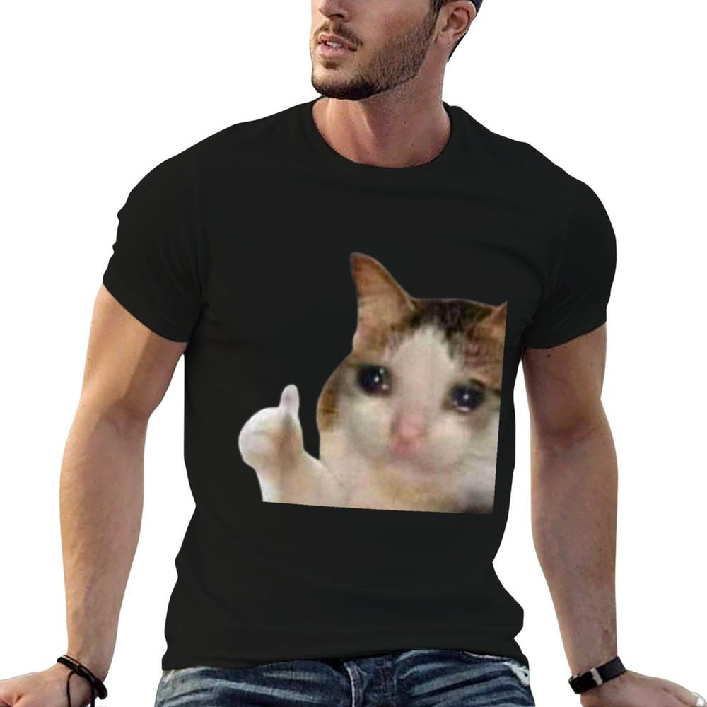 Thumbs Up Crying Cat Meme  Heathered Texture T-Shirt