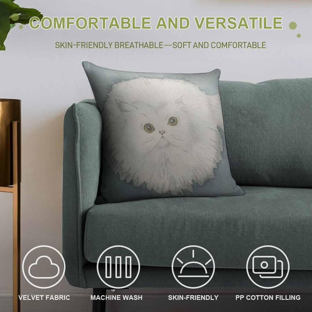 Golden-Eyed Fluffy White Cat – Watercolour Soft Short Plush Fabric Throw Pillow