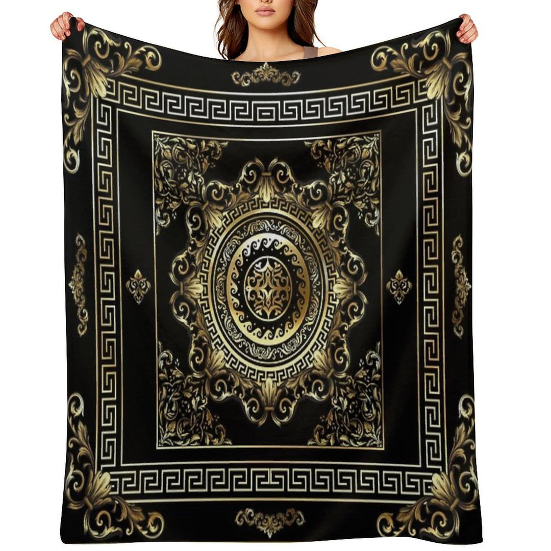 Ornate Baroque Black And Gold Greek Key Border Sustainable Throw Blanket