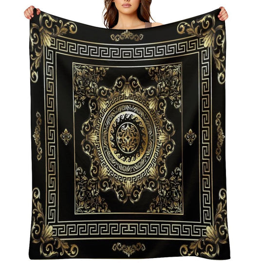Ornate Baroque Black And Gold Greek Key Border Sustainable Throw Blanket
