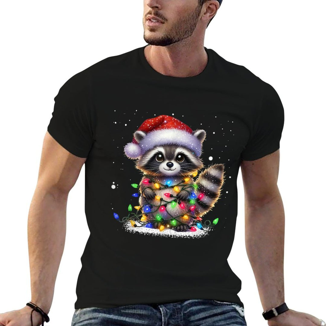 Christmas Racoon Funny Christmas Lights Raccoon Holiday  Rolled Sleeves T-Shirt