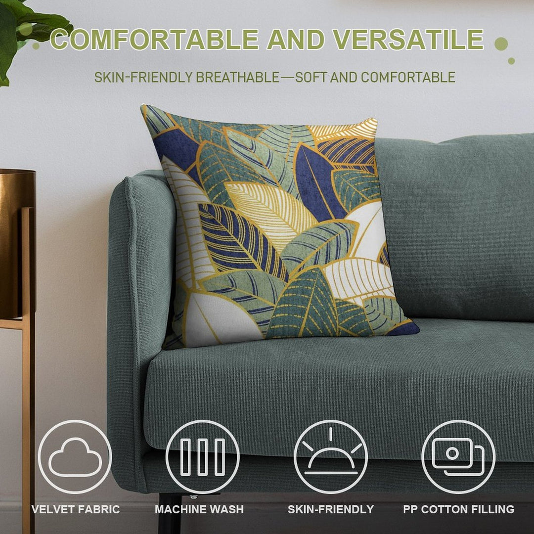 Leaf Wall  Navy Blue Pine And Sage Green Leaves Golden Lines Soft Easy Maintenance Throw Pillow