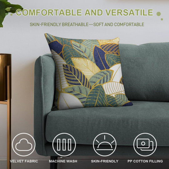 Leaf Wall  Navy Blue Pine And Sage Green Leaves Golden Lines Soft Easy Maintenance Throw Pillow