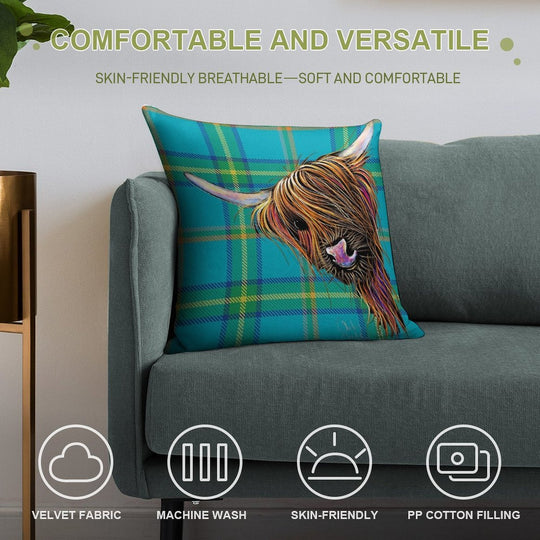 SCoTTiSH HiGHLaND CoW ' TaRTaN NooDLeS B ' by SHiRLeY MacARTHuR Soft Multiple Sizes Throw Pillow