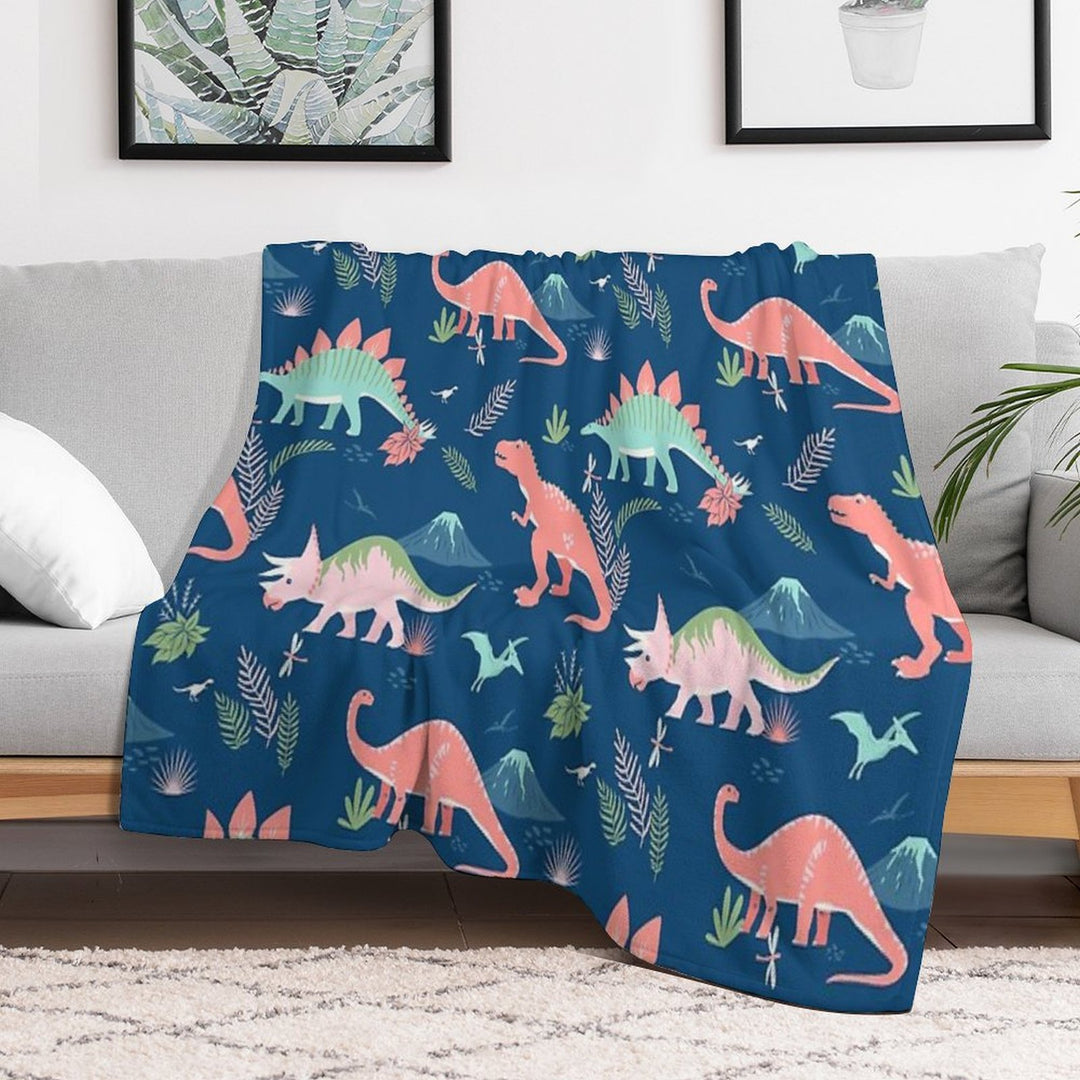 Jurassic Dinosaur in Blue + Coral Wrinkle-free Throw Blanket