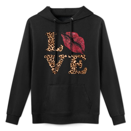 Leopard Print LOVE Red Lips Word Letter Cute Valentine Shrink-Resistant Hoodie