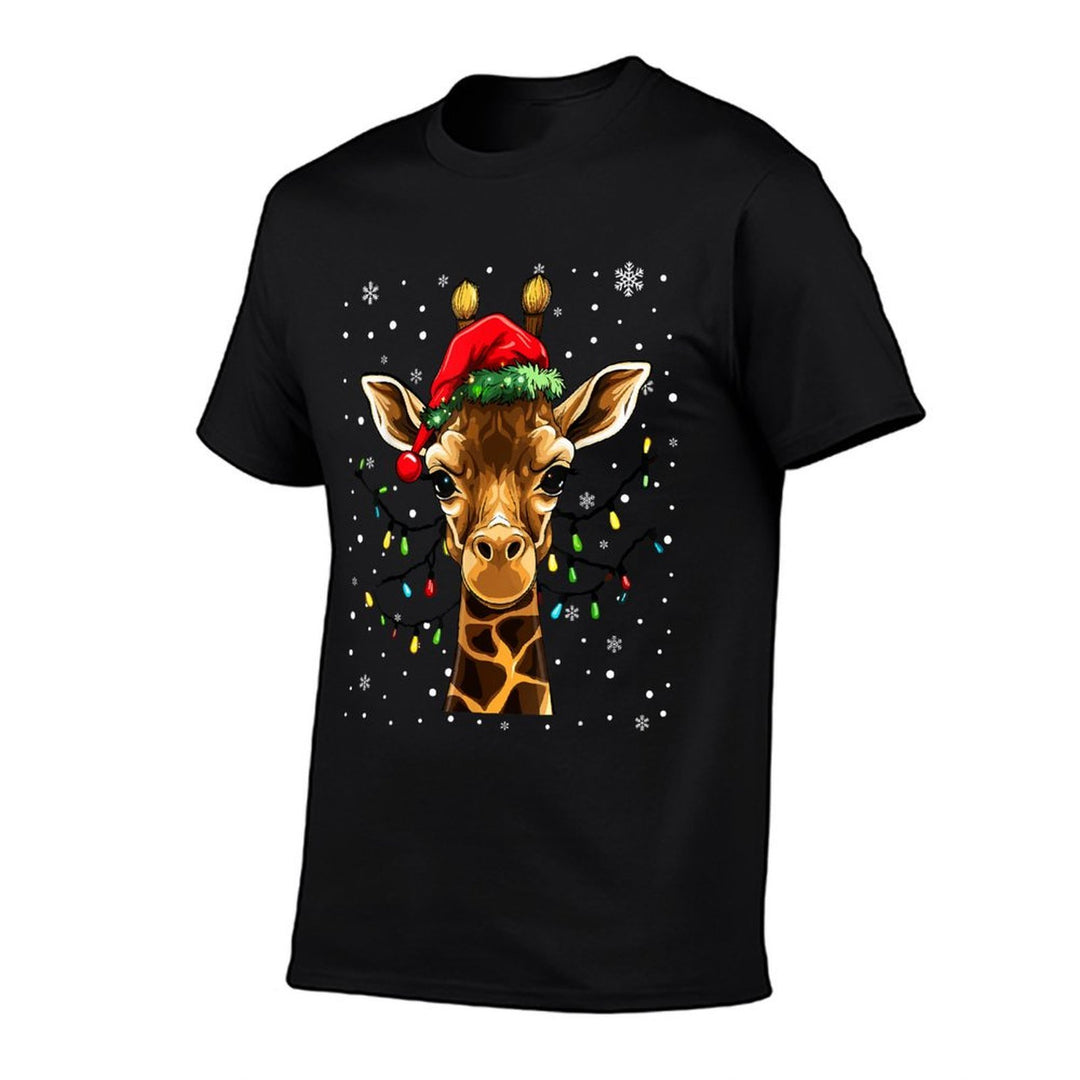 Cute Giraffe Christmas Lights Santa Hat Xmas Pajama  Heathered Texture T-Shirt