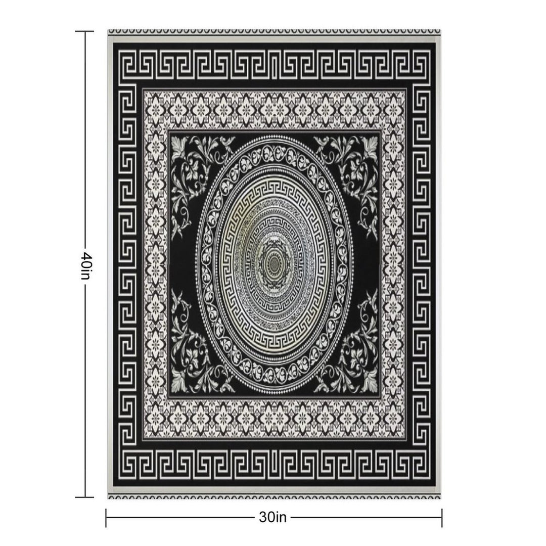 Greek Key Meander Black Cream Ornate Medallion Machine-washable Throw Blanket