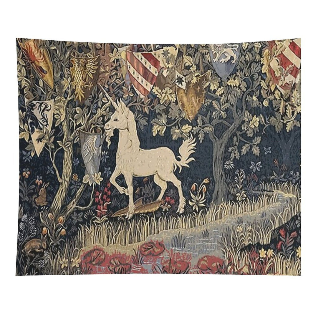Medieval Unicorn Midnight Floral Tapestry Tapestry