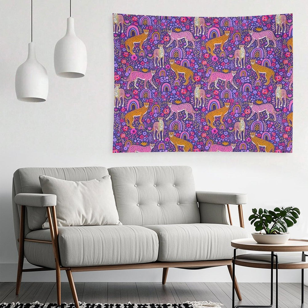 Cheetahs in A Rainbow Garden on Navy Blue Tapestry