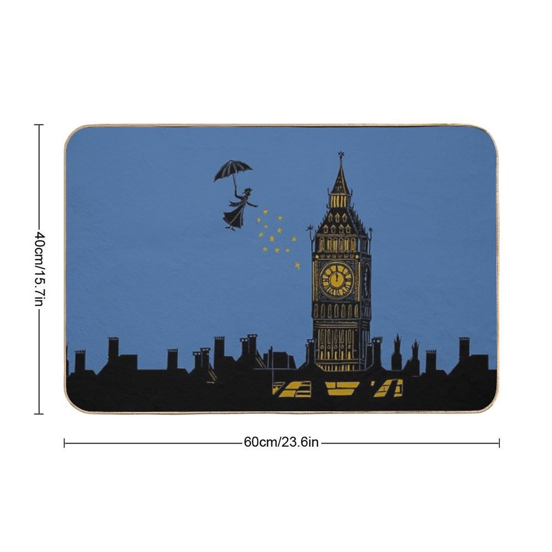 Mary Poppins And Big Ben Linocut Silhouette Print in Black, Blue And Gold  High-Traffic Bath Mat