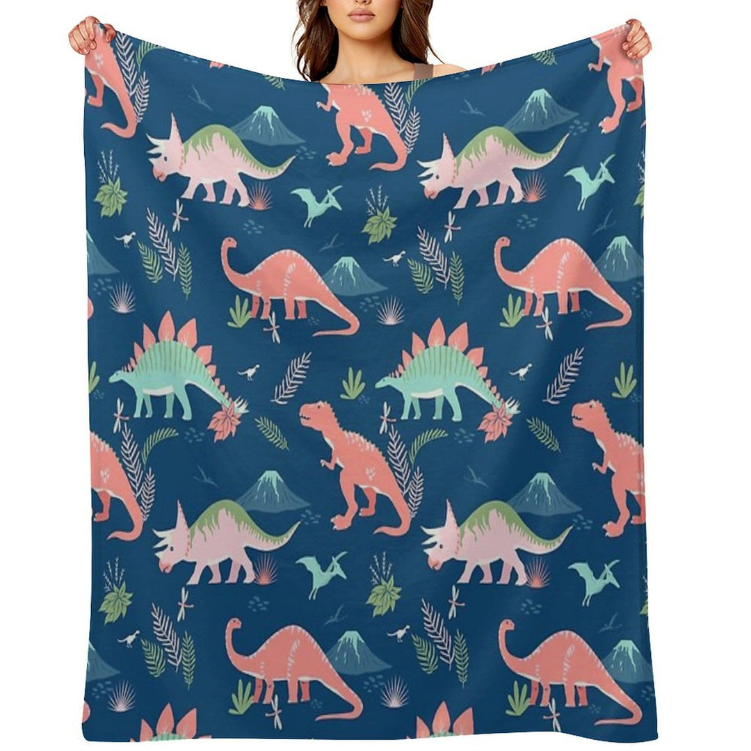 Jurassic Dinosaur in Blue + Coral Wrinkle-free Throw Blanket
