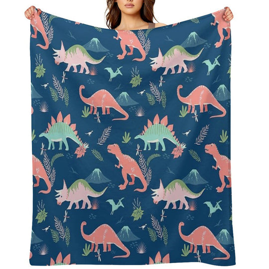 Jurassic Dinosaur in Blue + Coral Wrinkle-free Throw Blanket