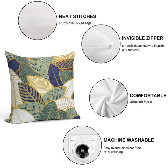 Leaf Wall  Navy Blue Pine And Sage Green Leaves Golden Lines Soft Easy Maintenance Throw Pillow