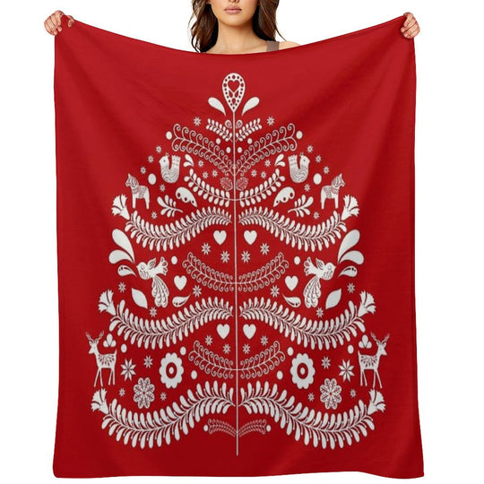 White Scandinavian Christmas Tree on Red Versatility Throw Blanket