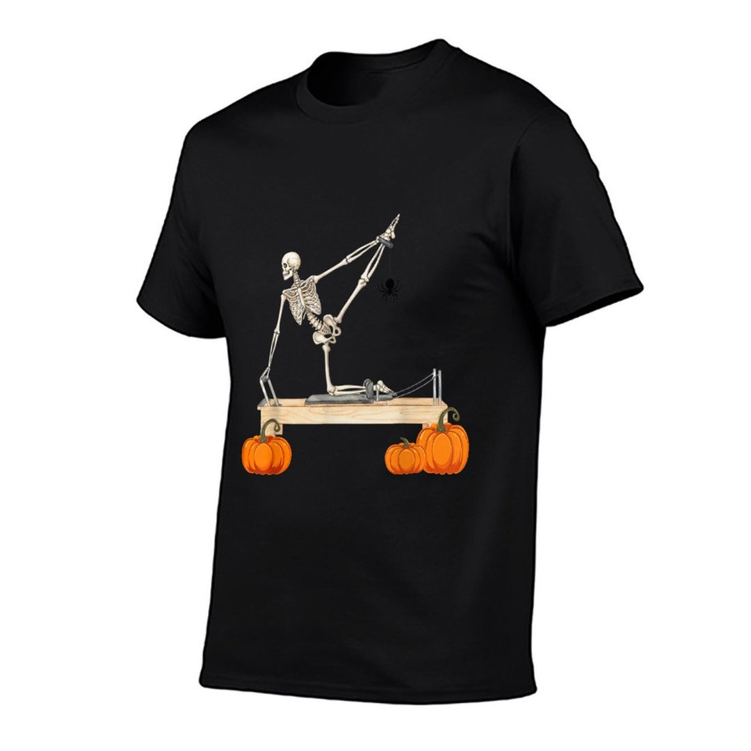 Skeleton Doing Reformer Pilates Machine Pumpkin Halloween  Polyester Blend T-Shirt