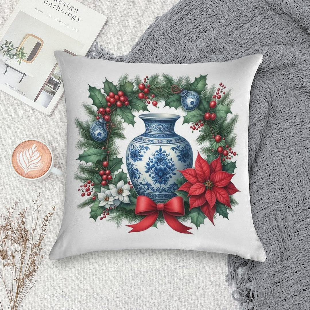 Chinoiserie Christmas Wreath with Blue White Porcelain Ginger Jar Soft Luxury Feel Throw Pillow