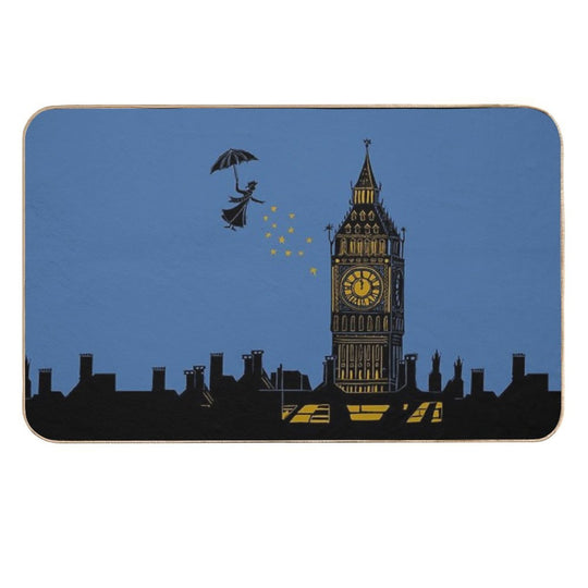 Mary Poppins And Big Ben Linocut Silhouette Print in Black, Blue And Gold  Anti-Trip Bath Mat