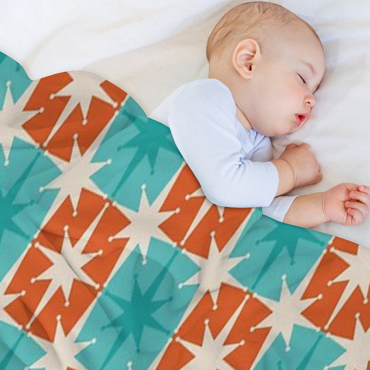 Mid Century Modern Atomic Stars Retro Checkered Starburst Pattern in Teal Turquoise Orange Plush Throw Blanket