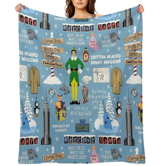 Buddy The Elf Collage, Blue Background Quick-dry Throw Blanket