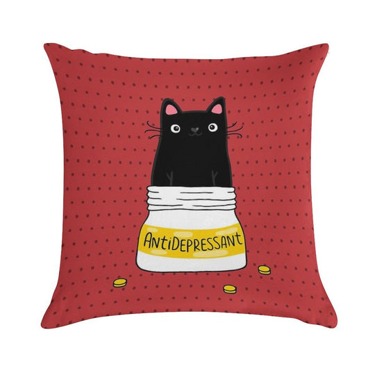 FUR ANTIDEPRESSANT . Cute Black Cat Illustration. A Gift for A Pet Lover. Soft Durable Construction Throw Pillow