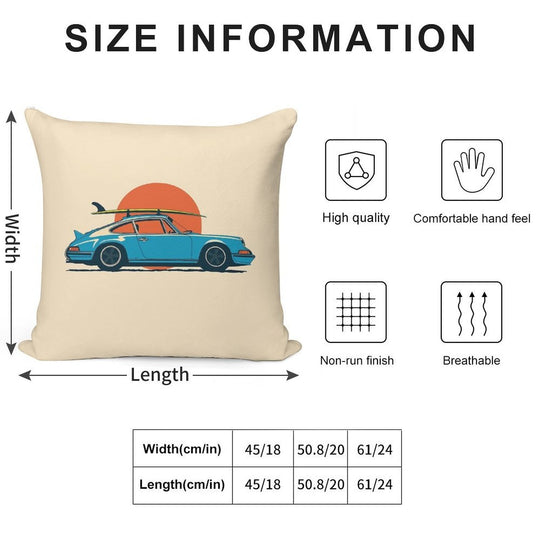 Vintage Blue Porsche 911 964 RS Summer Surfs Up Illustration Soft Durable Construction Throw Pillow