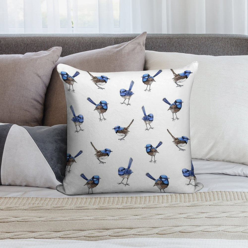 Blue Wrens, Scattered on White Soft Bedroom Essential Throw Pillow