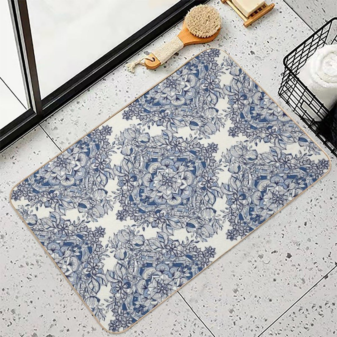Floral Diamond Doodle in Dark Blue And Cream  Absorbent Bath Mat