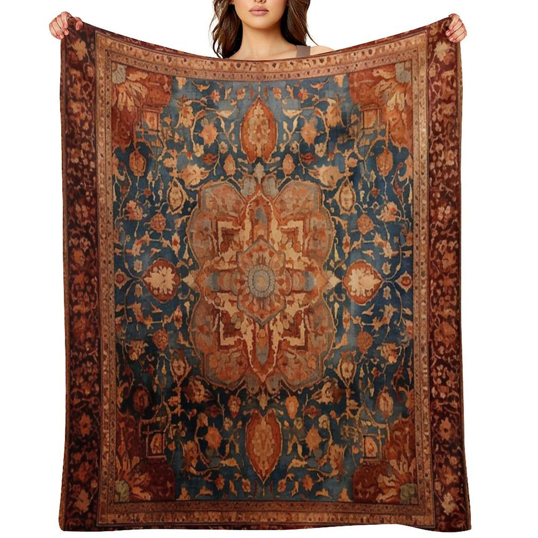 Antique Persian Rug Blue And Ginger Plush Throw Blanket