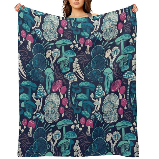 Mystical Fungi  Midnight Blue Background Mint Teal And Dark Pink Wild Mushrooms Easy Care Throw Blanket