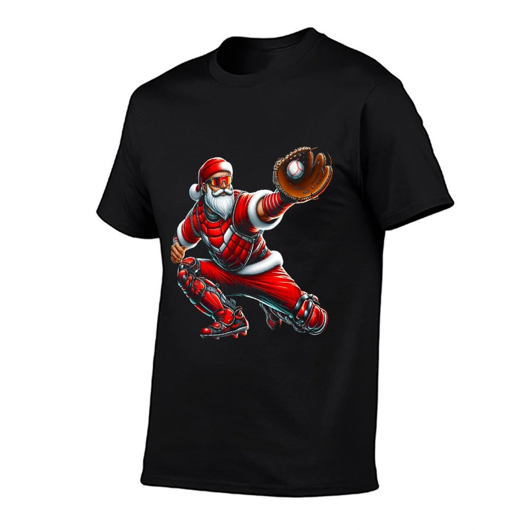 Santa Playing Baseball Catcher Merry Christmas Sport Player  Cotton T-Shirt