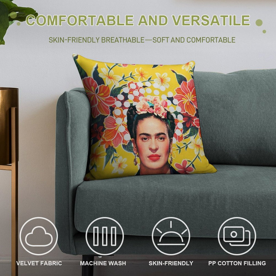 Frida Kahlo Print, Flowers, Color on Ocher Mexican Tablecloth Soft Bedroom Essential Throw Pillow