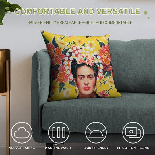 Frida Kahlo Print, Flowers, Color on Ocher Mexican Tablecloth Soft Bedroom Essential Throw Pillow