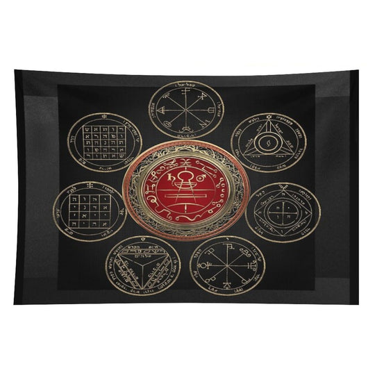 Gold Seal of Solomon over Seven Pentacles of Saturn on Black Canvas Tapestry