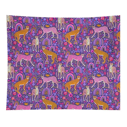 Cheetahs in A Rainbow Garden on Navy Blue Tapestry