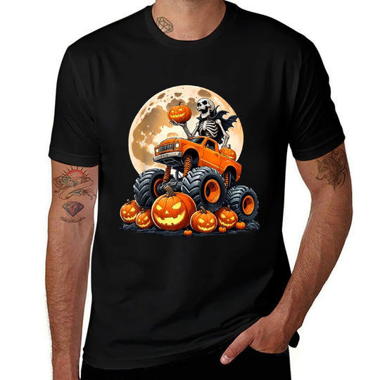 Skeleton Riding Monster Truck Halloween Pumpkin Kids Toddler  Soft T-Shirt