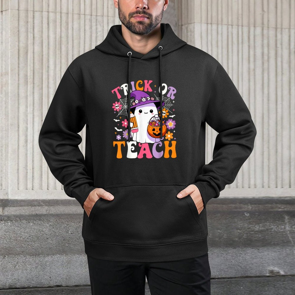 Trick Or Teach Teacher Groovy Ghost Funny Halloween Teacher Colorfast Hoodie