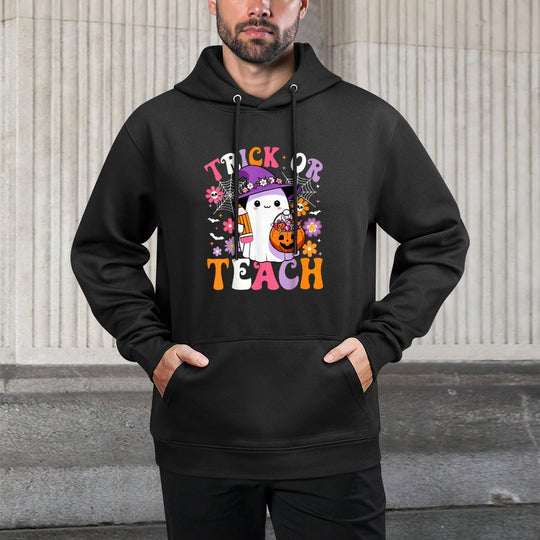 Trick Or Teach Teacher Groovy Ghost Funny Halloween Teacher Colorfast Hoodie