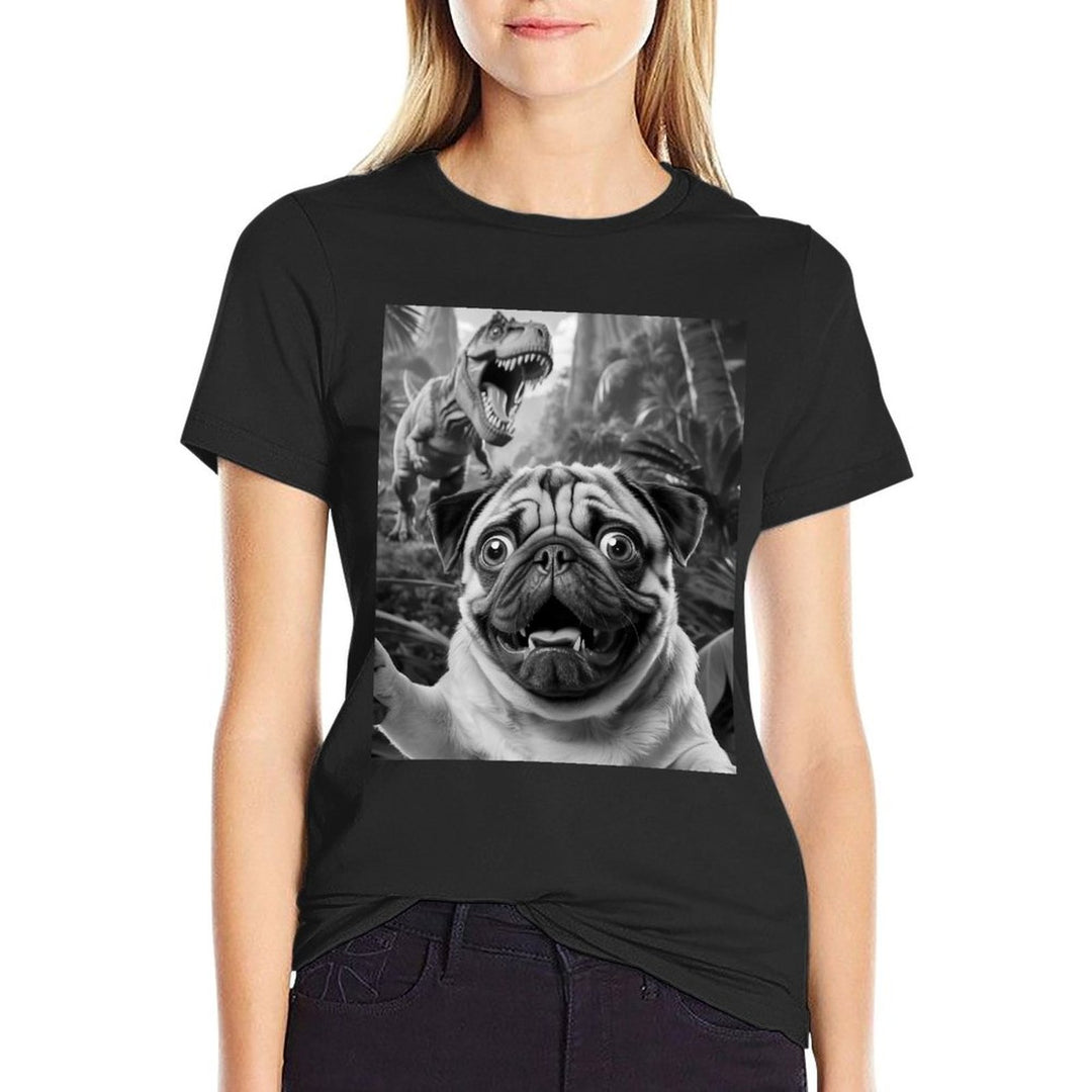 Vintage Pug Funny Dog Pug Selfie With T-Rex Dinosaur  Odor-resistant T-Shirt