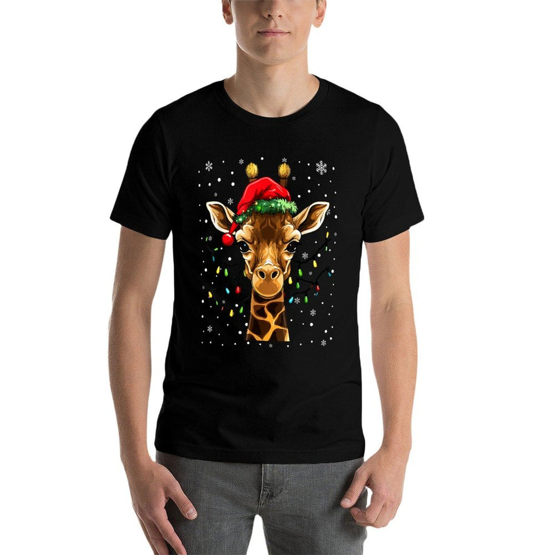 Cute Giraffe Christmas Lights Santa Hat Xmas Pajama  Heathered Texture T-Shirt