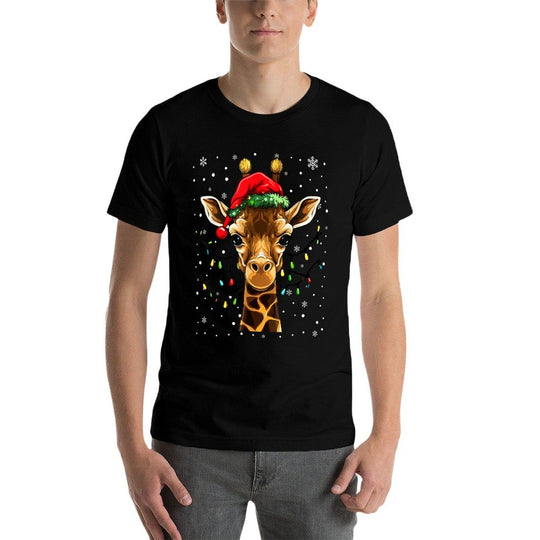 Cute Giraffe Christmas Lights Santa Hat Xmas Pajama  Heathered Texture T-Shirt