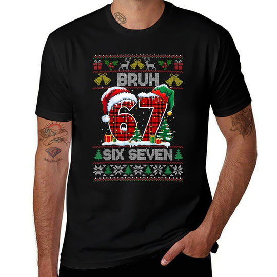 67 Bruh Meme Six Seven Christmas Ugly Sweater Kids Boys  Rolled Sleeves T-Shirt