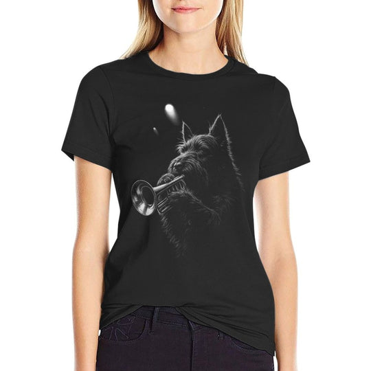Scottish Terrier Playing Trumpet Jazz Music Dog Lover  Polyester Blend T-Shirt