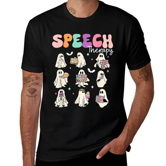 Retro SLP Ghost Halloween Speech Therapy Autumn Fall  Rolled Sleeves T-Shirt