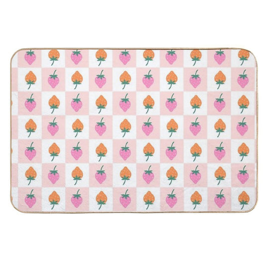 Checkered Pattern with Strawberries  Non-Slip Bath Mat
