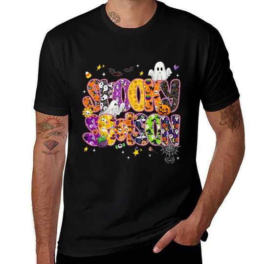 Cute Ghost Groovy Happy Halloween Spooky Season Floral  Rolled Sleeves T-Shirt
