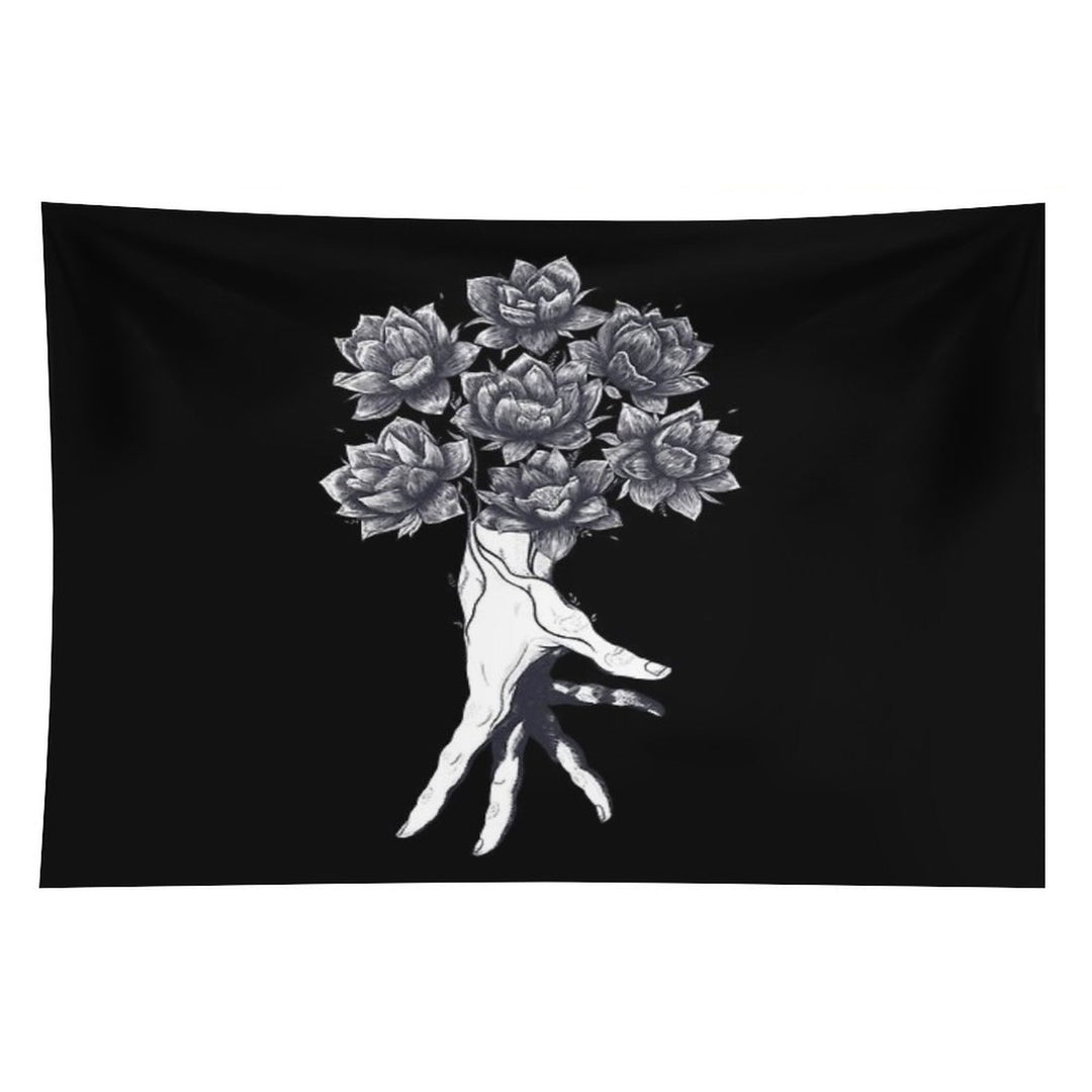 Hand with Lotuses on Black Tapestry