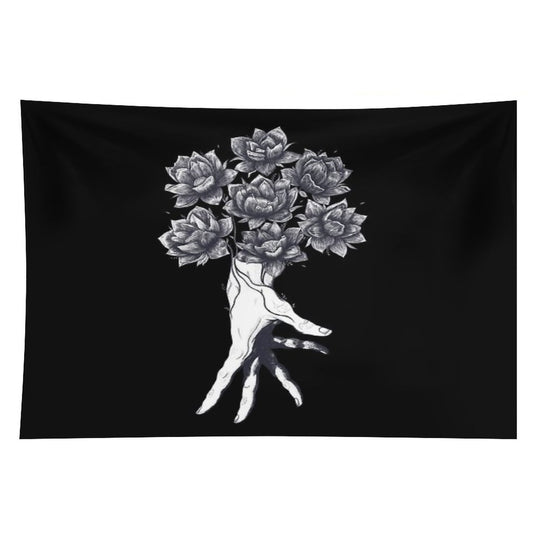 Hand with Lotuses on Black Tapestry