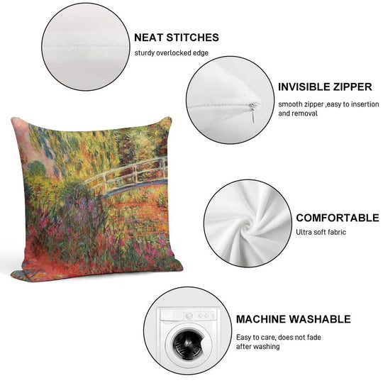Monet The Japanese Bridge (The Water-Lily Pond, Water Irises) Soft Short Plush Fabric Throw Pillow